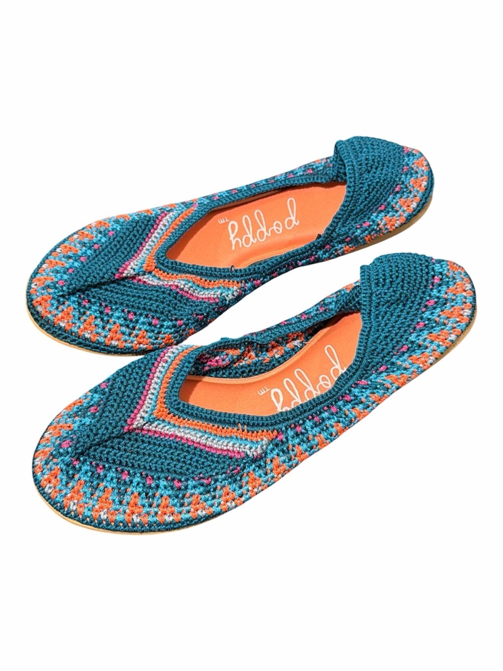 🆕Poppy x Free People  Teal Crochet Ballet Flats with Orange and Pink Accents